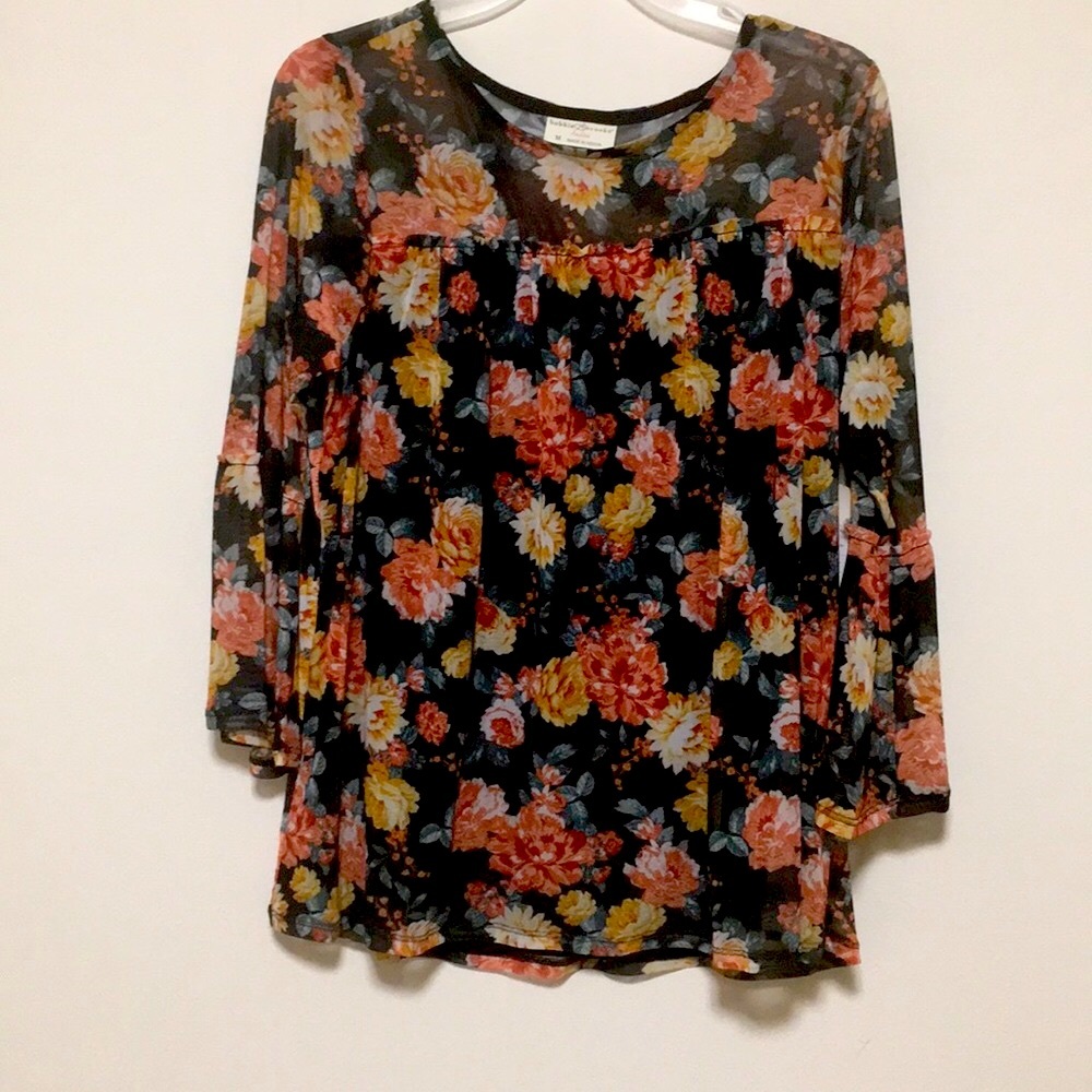 #9 Bobbie Brooks Qtr Slv Mesh Floral Top - S